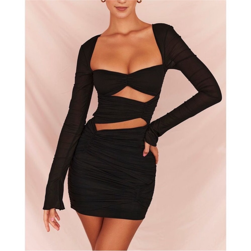 House of CB Camille Black Silk Cutout Ruched Mini Dress Womens Size M NWOT